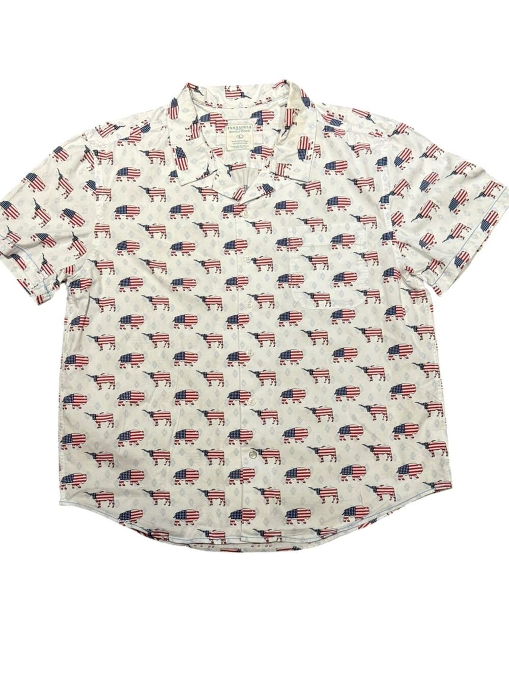 Panhandle Patriotic Longhorn & Buffalo Print Short Sleeve Button-Up Mens Large